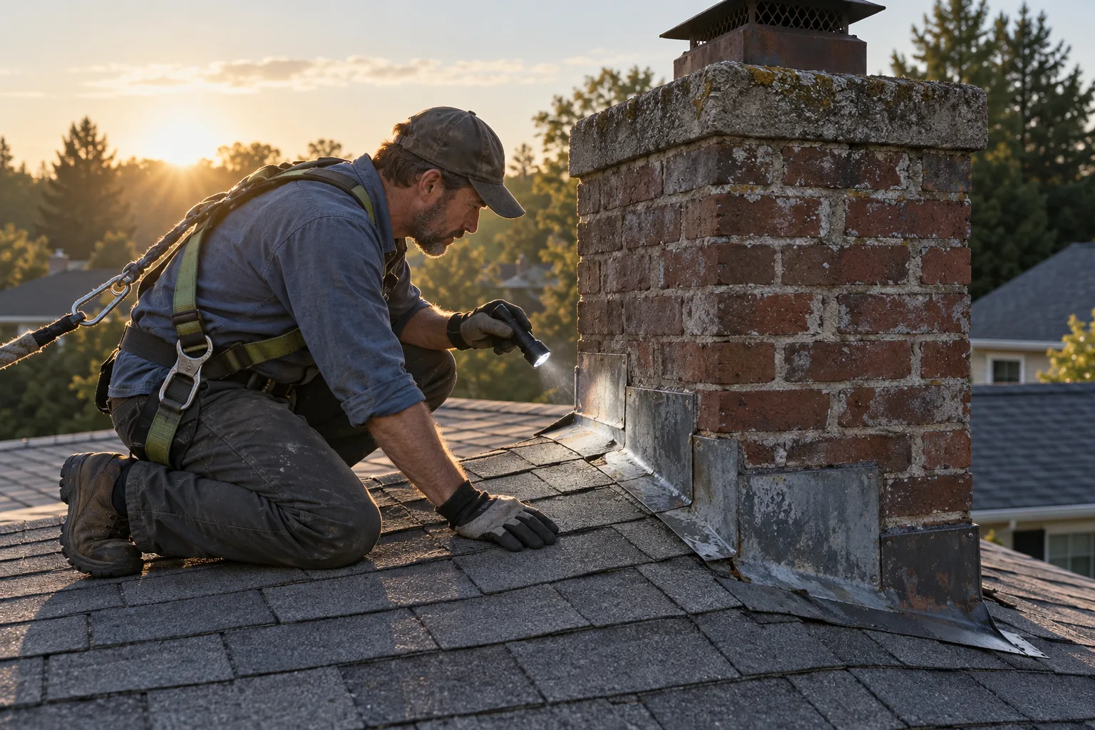 A backlit roofer examines the flashing beside a weathered brick chimney with a small inspection light